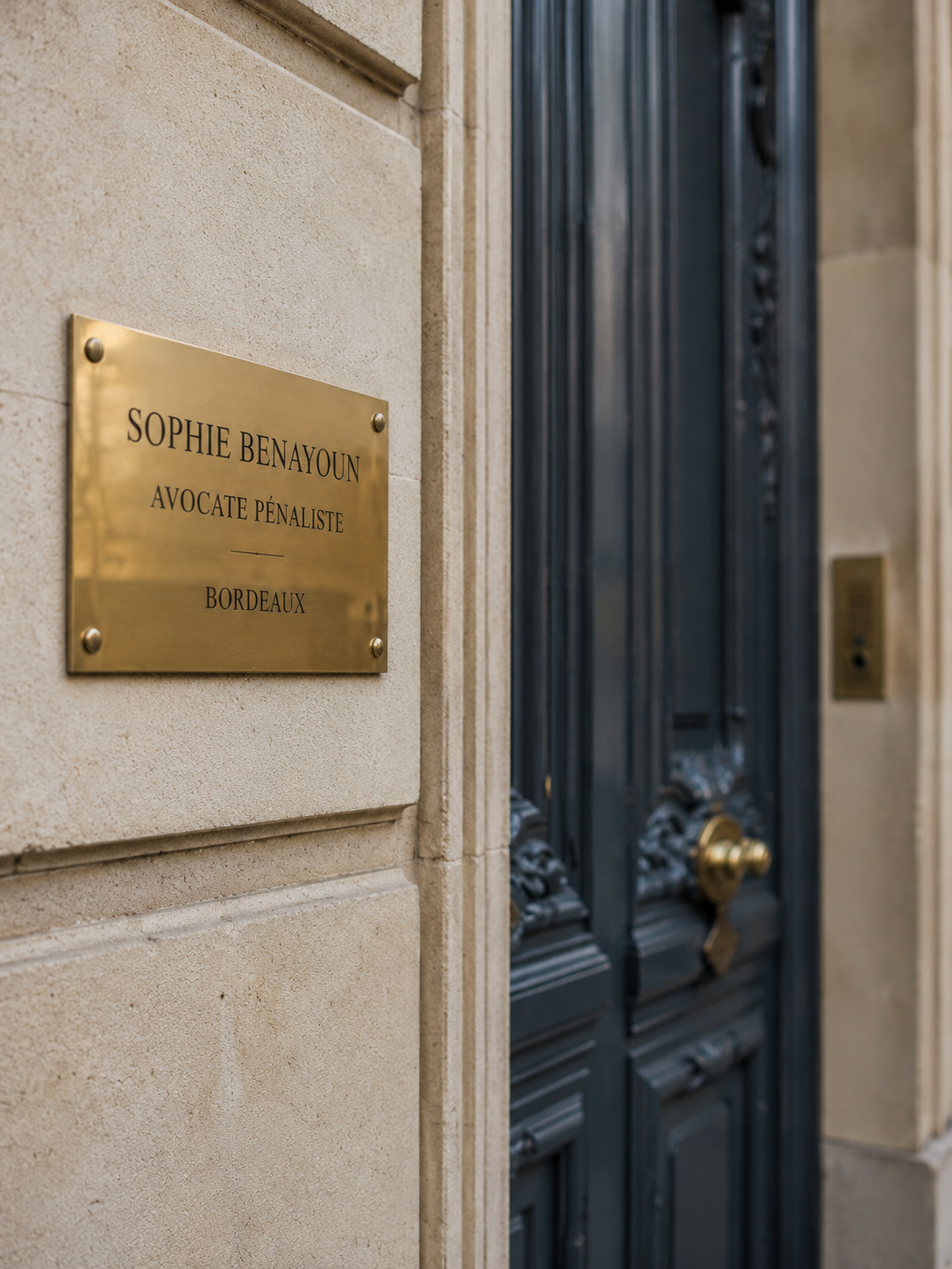 Porte haussmannienne avec plaque d'avocate Sophie Benayoun, pénaliste à Bordeaux